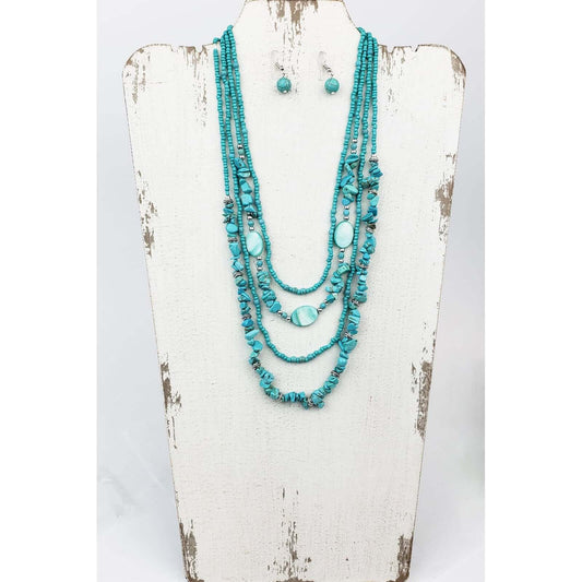 For turquoise and ocean lovers alike. Four layered strands of mag turquoise beads and stone. Longest strand measures 22ā³ with lobster claw clasp and extension chain. Matched with hypoallergenic ear wires holding a mag turquoise bead.