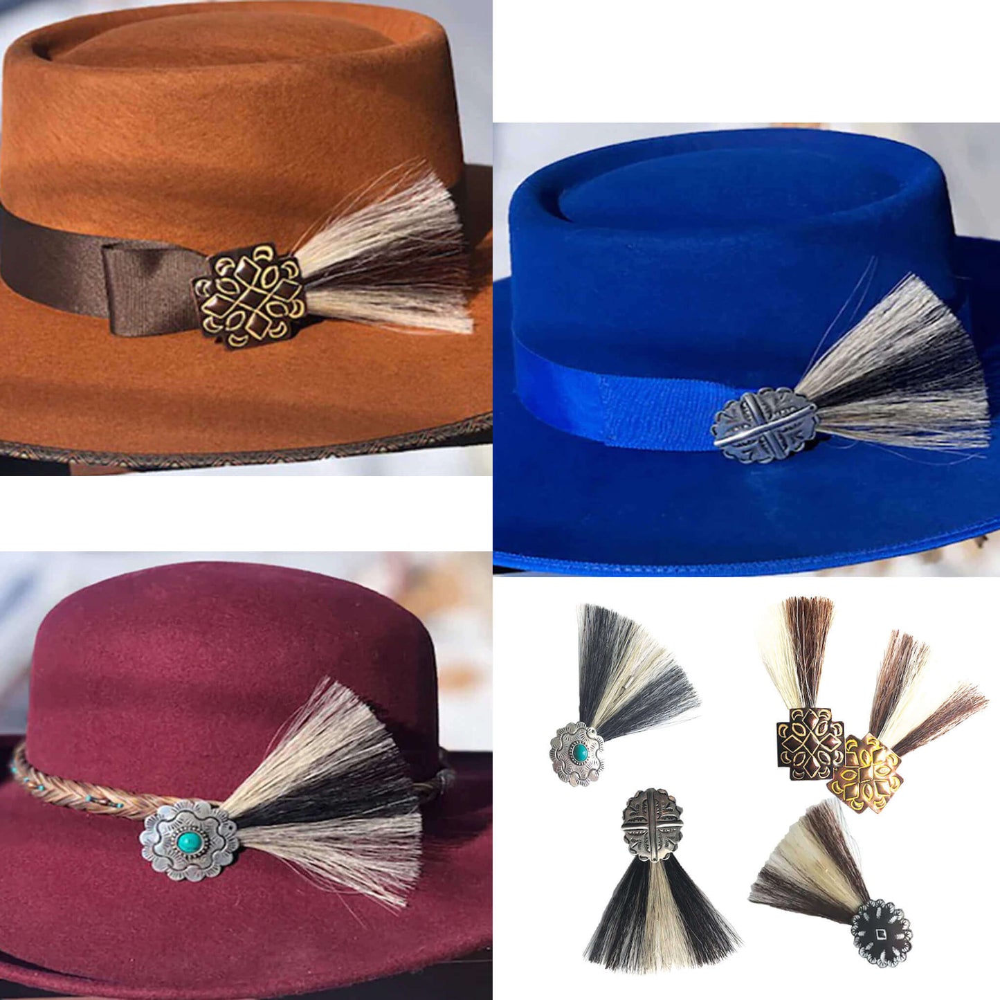 Add a unique style to your hats and make your hat stand out with these hat pins! Adorn your hat with Authentic Horse Hair with Concho on a stick pin with cap fastens the pin to any hat. Cute! Sold Individually.