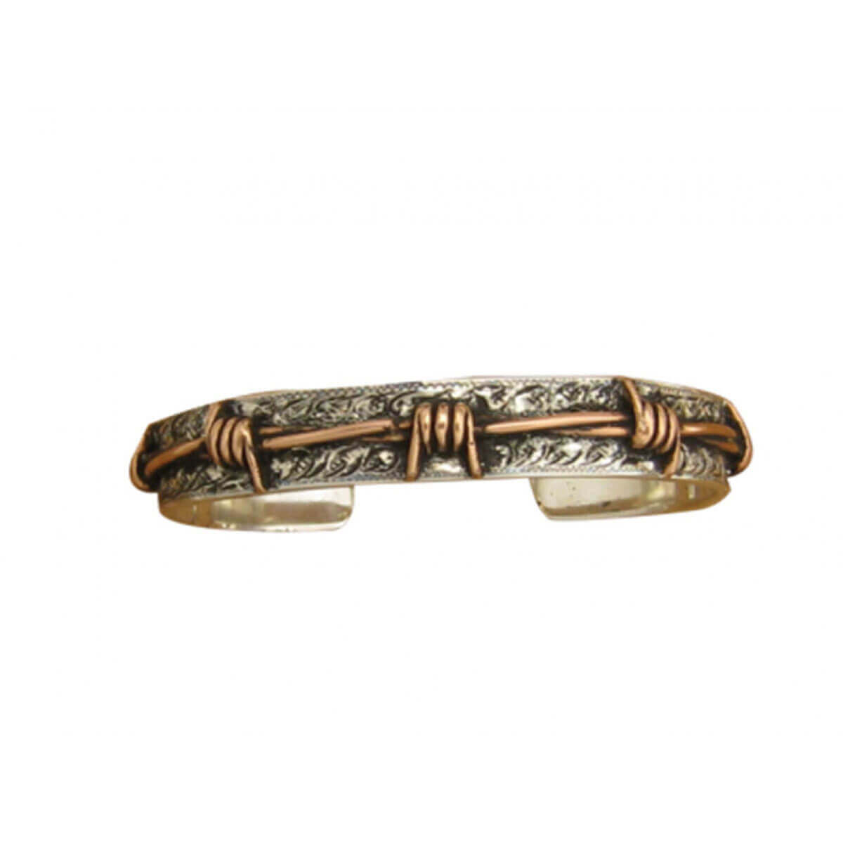 Sterling Silver 3/8” cuff bracelet with copper barbed wire accents, antique finish. Hand engraved and in USA. Exceptional Quality. Note: Please allow 3-4 weeks for your order to ship as they are made when ordered.