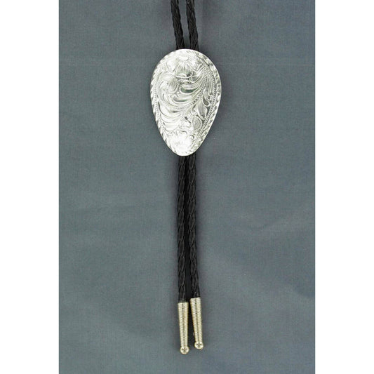 Add some flair to your western wear! Bolo tie features a black braided rope with silver tips accented with a shiny silver oval western floral engraved Concho. Adult bolo-36" long. Sterling Silver Plated.