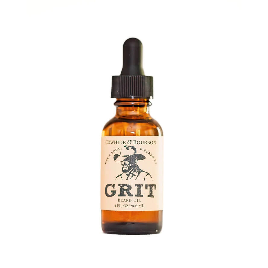 Bottle of Grit beard oil with a dropper on a white background