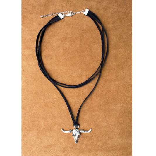 Add the perfect western flare to your look with this leather & skull cowgirl necklace. Three layers of black deer suede lace feature a silver skull pendant. Measures 16ā long with 3ā extender. Handcrafted in the USA.