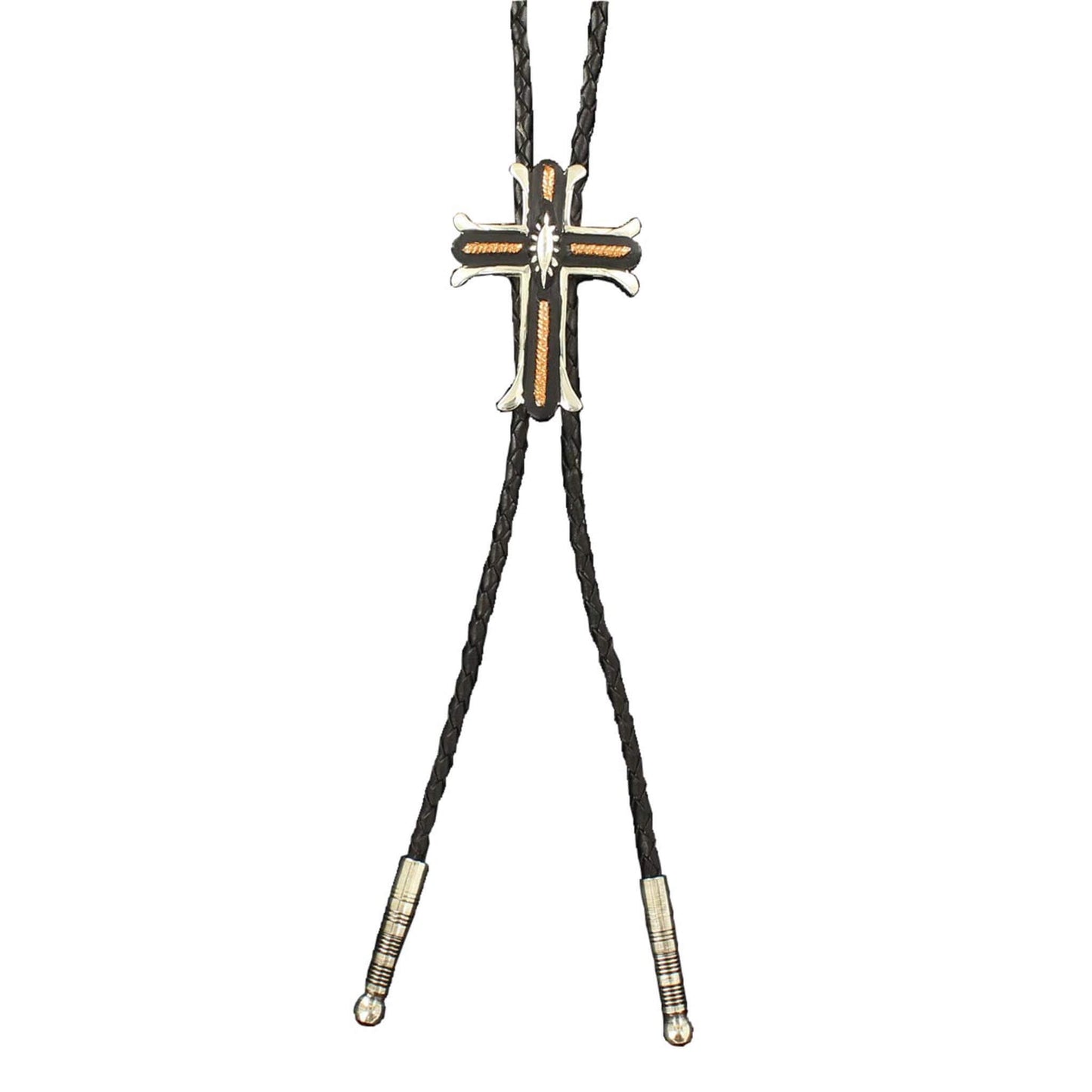 This western style bolo tie features a silver trimmed black cross with copper colored textured center accents. 36" long black leather cord and silver tips complete this great bolo tie.