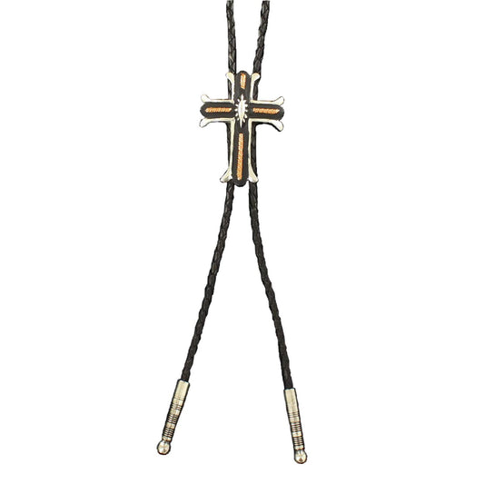 This western style bolo tie features a silver trimmed black cross with copper colored textured center accents. 36" long black leather cord and silver tips complete this great bolo tie.