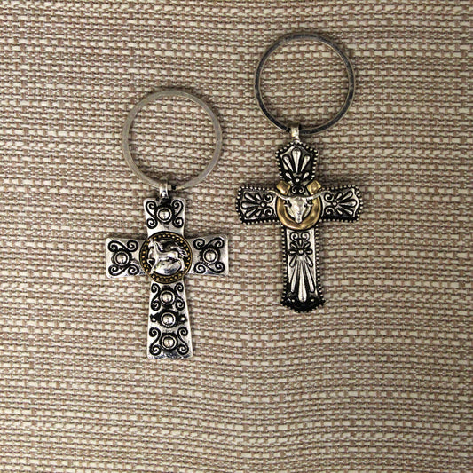 Enjoy the look and feel of the simple life with country western decorations on these exquisite cross keychains. These cross key chains are not just any ordinary keychain; it's a symbol of faith and strength. Measures about 2" by 1.5"