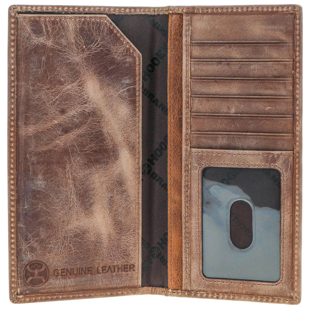 Brown leather wallet with card slots and a pocket for a ID card on a white background