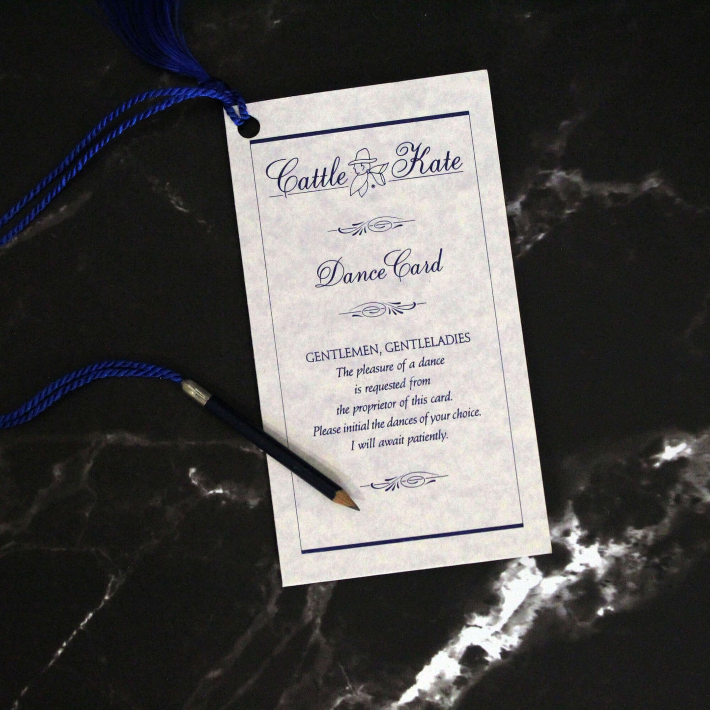 No doubt your great-grandmother graciously the attentions of a host of suitors at dances with the help of a dance card. No reason why you cannot do the same at your next social gathering. Complete with tiny pencil on blue cord. Sold by the dozen. Made in USA.