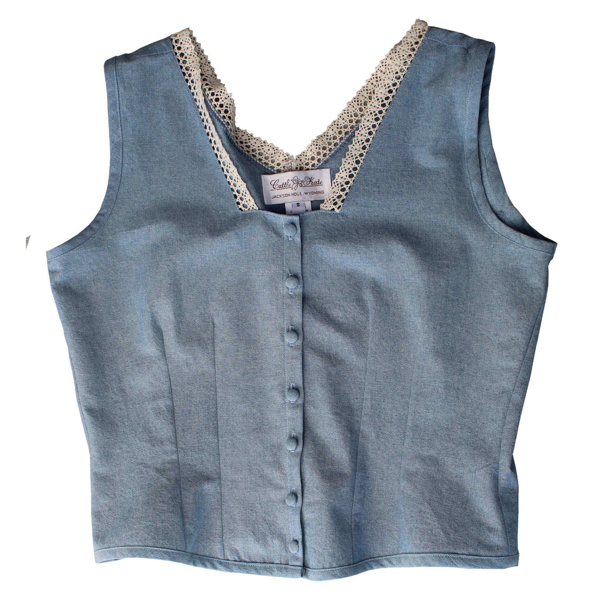 Denim Blue Corset Cover Western Blouse with lace trim and covered buttons, made of cotton/rayon blend fabric.