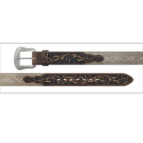 A western-style leather belt shown horizontally, featuring dark brown tooled floral detailing, a silver-tone buckle, and a light beige patterned strap.