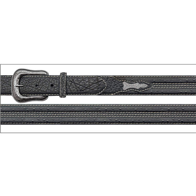Black leather belt with a silver buckle on a white background