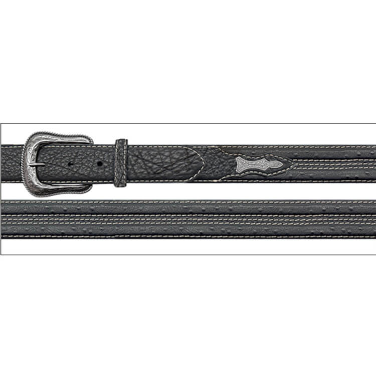 Black leather belt with a silver buckle on a white background