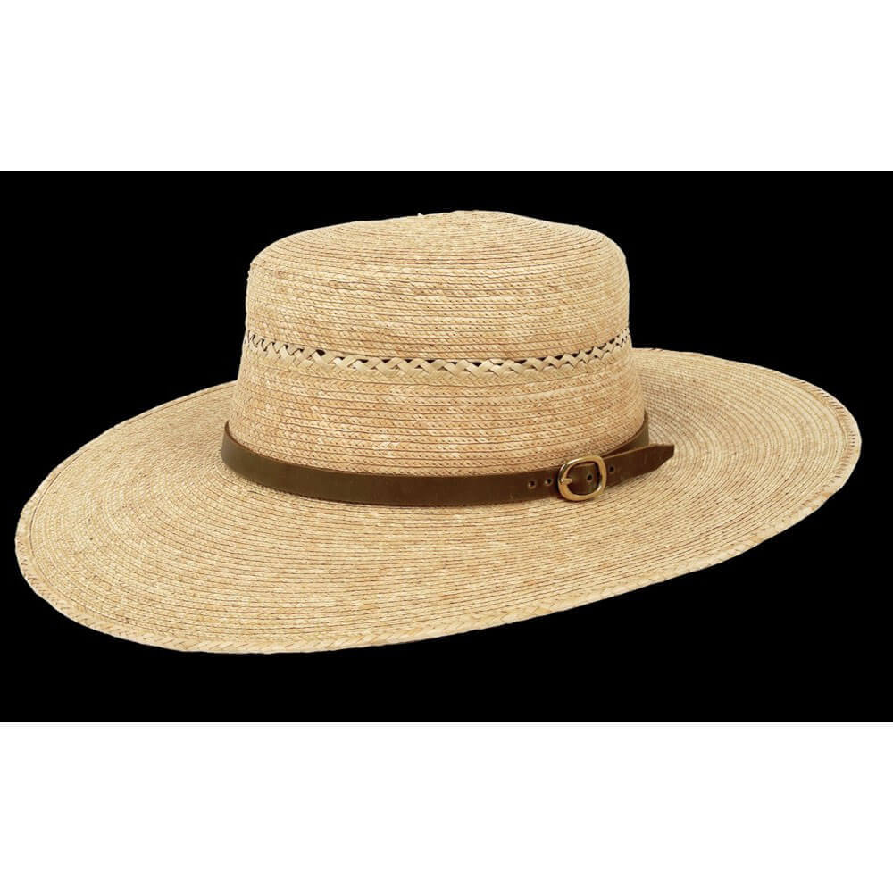 Oak Guatemalan palm with brown leather band with brass buckle. Flat Brim Straw hat with a venting. Ladies love this style. Shop western straw hats for cowboys and cowgirls.