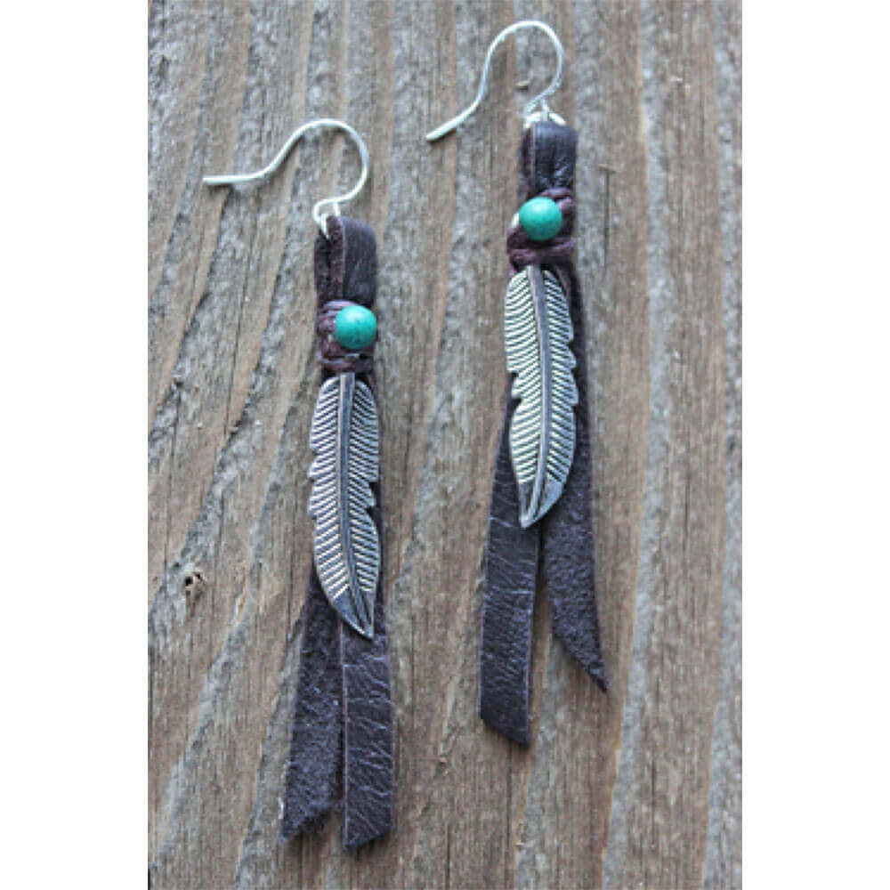 Feather & leather handcrafted earrings are made by artisans of the Black Hills of South Dakota. The feather symbolizes great strength and leadership. It also brings hope & good luck. Ear wires are hypo-allergenic for those with sensitive ears.