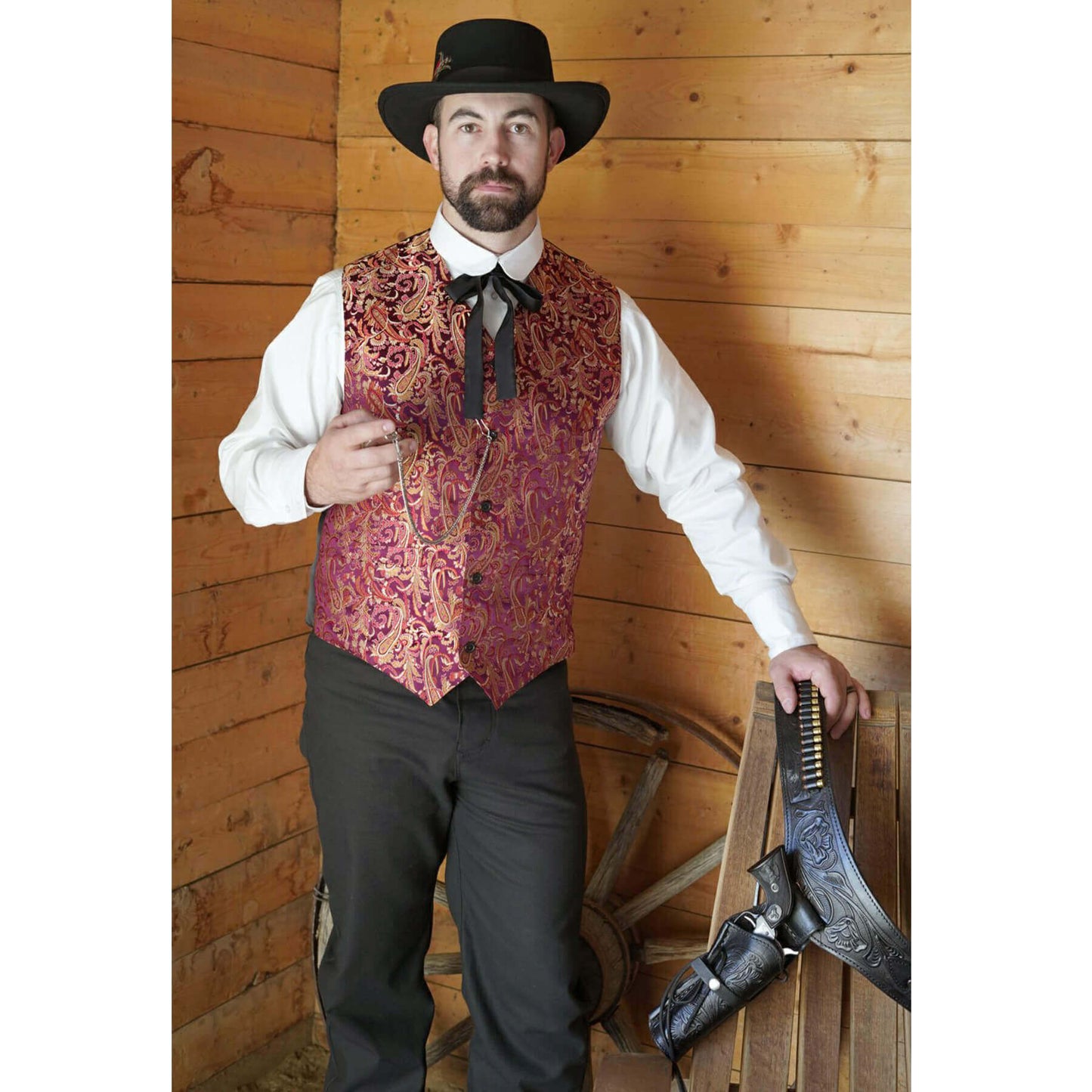 Classy western brocade vests like this were seen in saloons and riverboats years ago and makes a great vest for the holidays or that special event nowadays. The vest has one top left welt pocket and two bottom welt pockets. This simple style vest has black matte satin polyester back and an adjustable belt for a perfect fitted look. Great for Weddings!