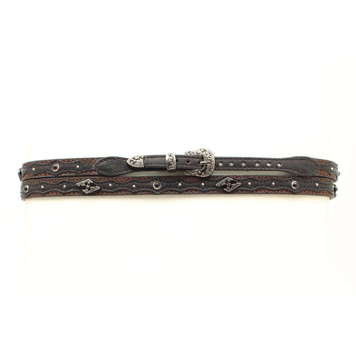 Genuine Leather Two-Tone Cowboy Hatband, featuring a striking combination of brown and black leather. This stylish hatband is adorned with beautiful silver diamond-shaped Conchos and belt-style adjustment with a rounded silver buckle ensures a perfect fit. Create a personalized look that stands out. Imported and crafted from high-quality materials, this hatband is the perfect accessory for any cowboy or cowgirl looking to make a statement. Measures 3/8" wide.