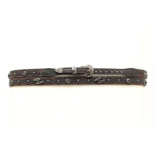 Genuine Leather Two-Tone Cowboy Hatband, featuring a striking combination of brown and black leather. This stylish hatband is adorned with beautiful silver diamond-shaped Conchos and belt-style adjustment with a rounded silver buckle ensures a perfect fit. Create a personalized look that stands out. Imported and crafted from high-quality materials, this hatband is the perfect accessory for any cowboy or cowgirl looking to make a statement. Measures 3/8" wide.