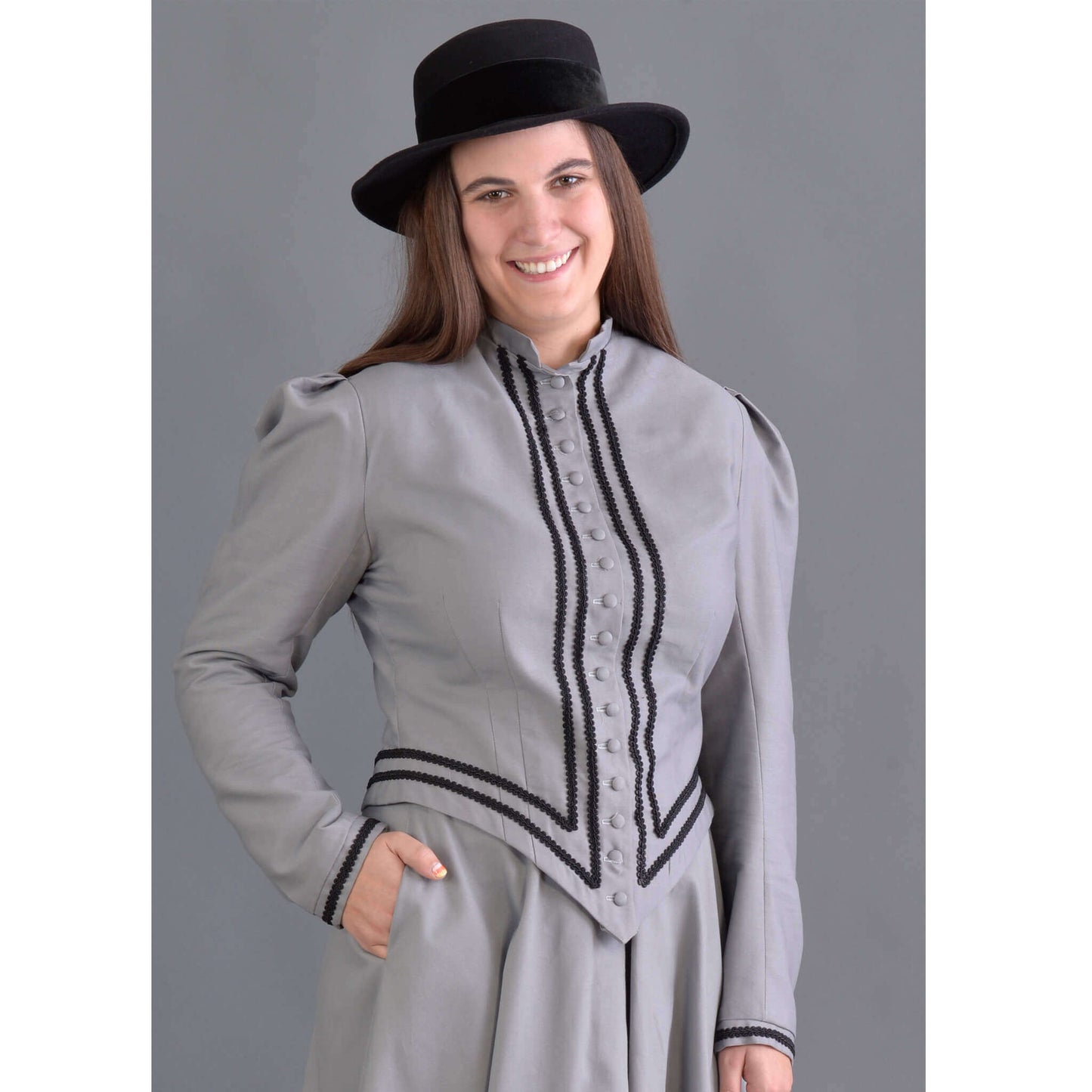 Designed for the horsewoman, this classically tailored Riding Jacket looks handsome with or without the horse. The jacket is very fitted with soutache trim and fabric covered buttons. This jacket and our riding skirt together makes a wonderful combination of tailored fit and comfort so if you ride a horse or just want to look like you do, this is the outfit.