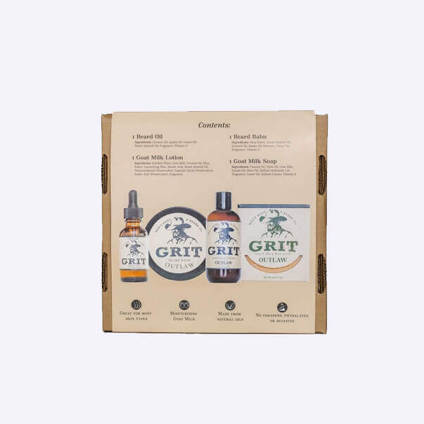 Grit Outlaw grooming kit packaging with bottles on a white background