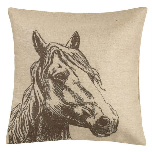This regal horse head burlap pillow is perfect for the equestrian lover. Burlap fabric blends in well with many décor styles. Color: Tan & Brown  Measurement: 22" x 22"  Care: Spot clean recommended  Material: Shell: 80% Polyester 20% Linen; Filling: 100% Waterfowl Feathers. Imported.
