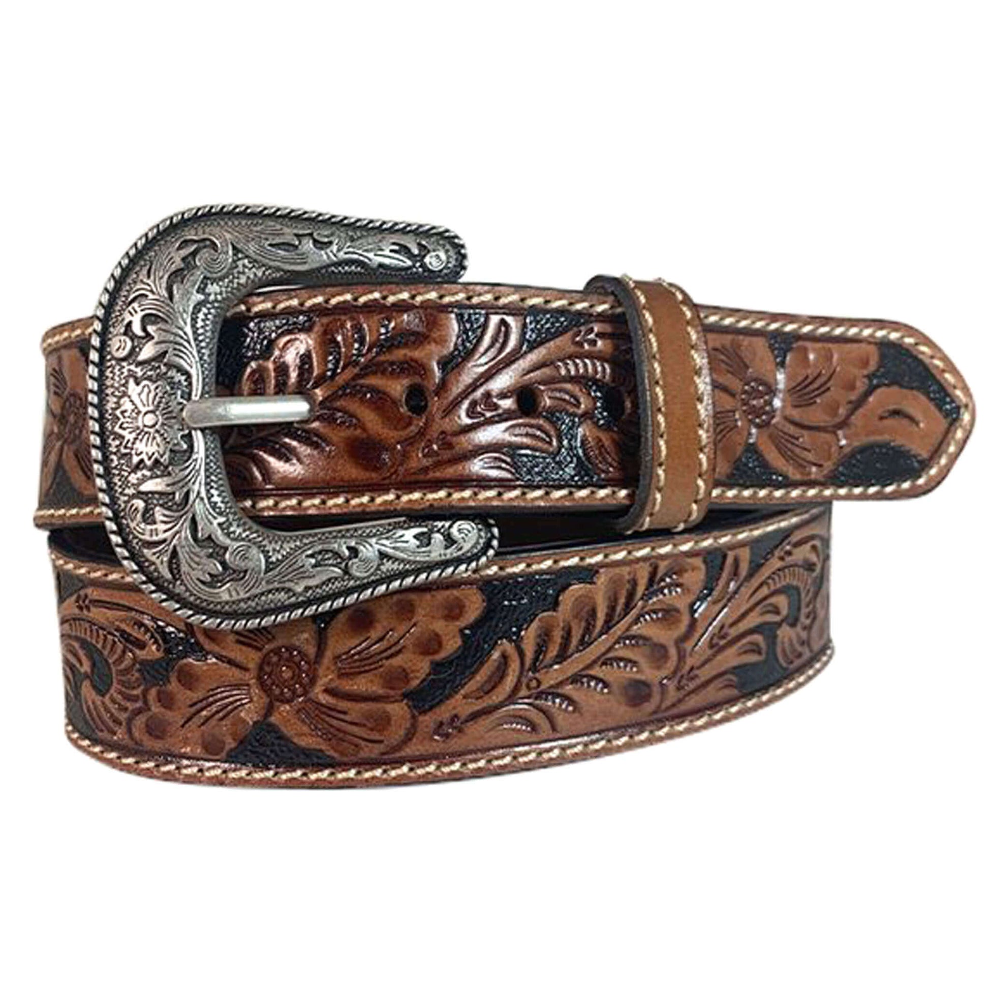 Bridle Full Grain Leather belt with floral hand tooled strap, textured background, contrast single stitched edges, 7 point end holes for better fit and comfort, and removable Western buckle in silver finish. Measures 1-1/2" Wide.
