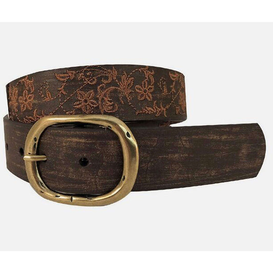Genuine leather, hand sanded finish, embroidery detail, buckle in hammered antiqued brass finish. Measures 1-1/2" wide with removable buckle.