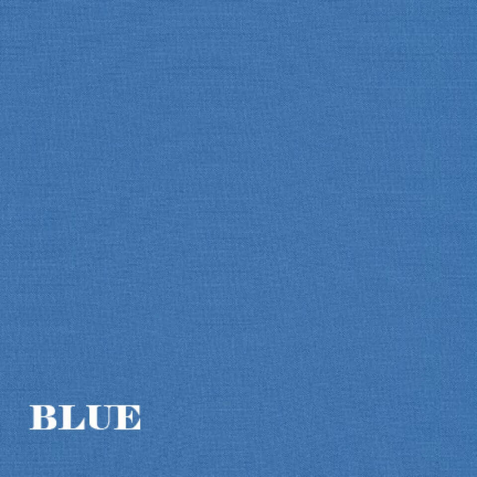 Solid blue fabric swatch with the word 'BLUE' in white lettering.