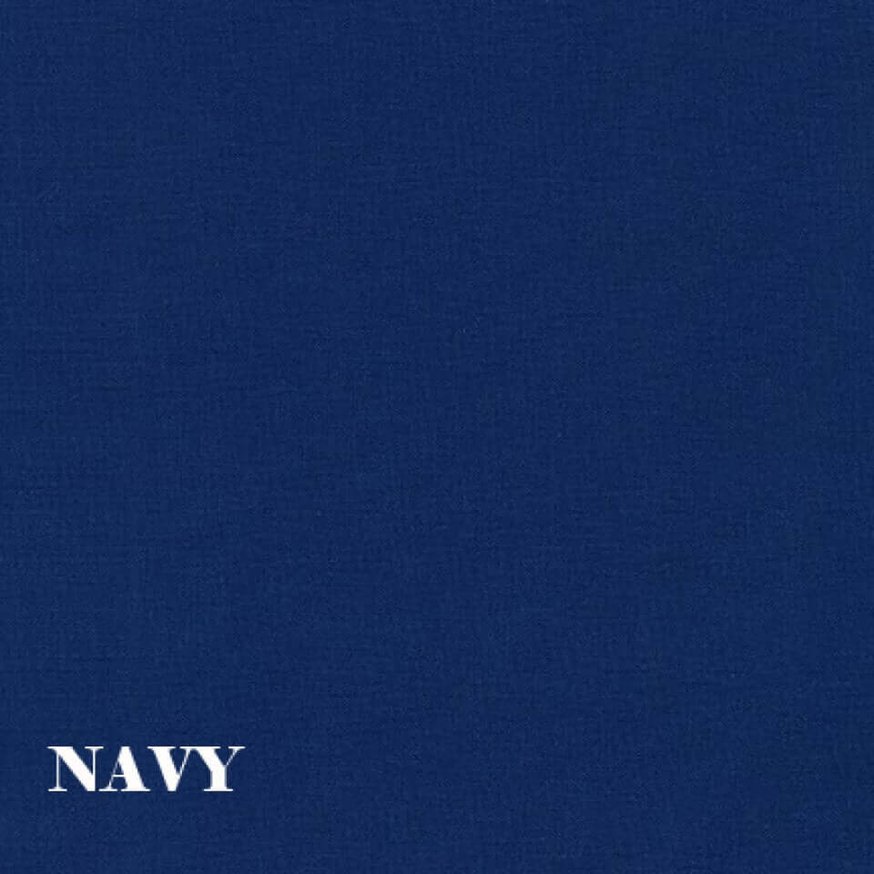Solid navy blue fabric swatch labeled 'NAVY' suitable for clothing and textile design.