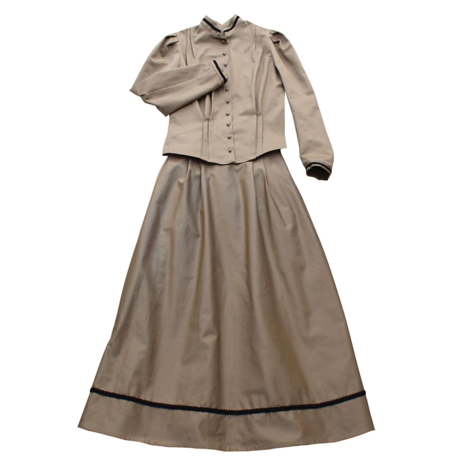 Ladies Old West Bowman Outfit featuring a stylish two-piece beige dress with button-up bodice and long skirt.