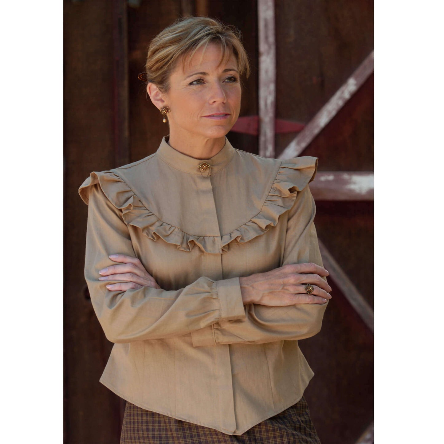 Vintage Kate's Prairie Blouse in golden tan, featuring ruffles and hidden button front, perfect for a sophisticated look.