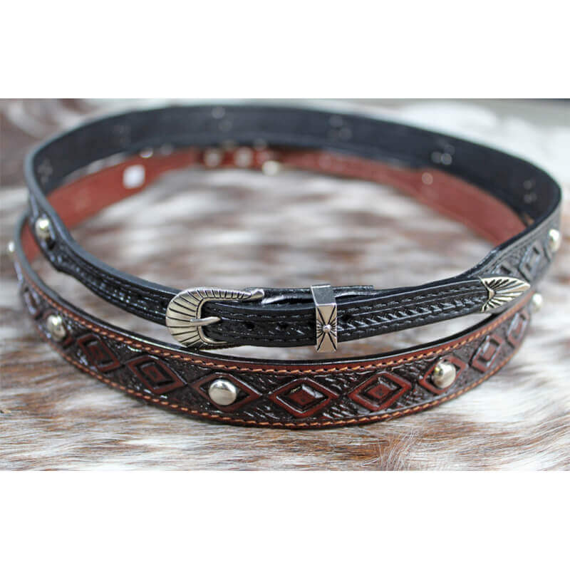 Change and enhance the look of your cowboy hat with one of these leather embossed hatbands with silver studs. Measure 3/4" wide with buckle closure. Made in USA.