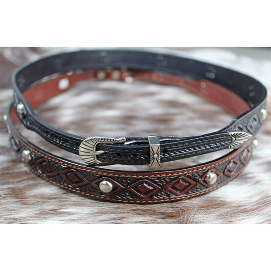 Change and enhance the look of your cowboy hat with one of these leather embossed hatbands with silver studs. Measure 3/4" wide with buckle closure. Made in USA.