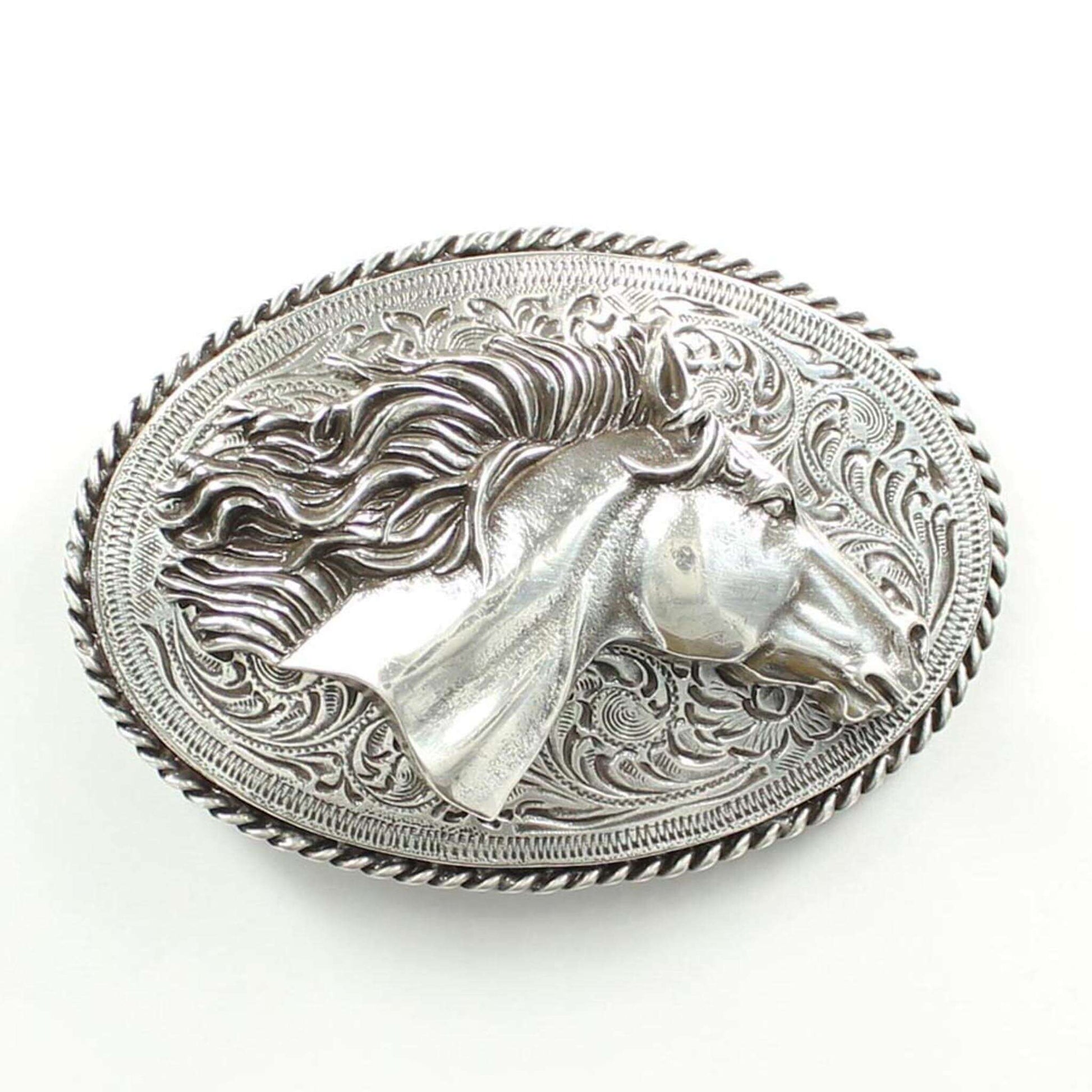 <span data-mce-fragment="1">Feel wild and free in this ladies western buckle featuring a horse head with the hair blowing in the wind on a </span><span data-mce-fragment="1">silver oval shaped buckle.. Measures: 2 5/8" X 3 ½".</span>