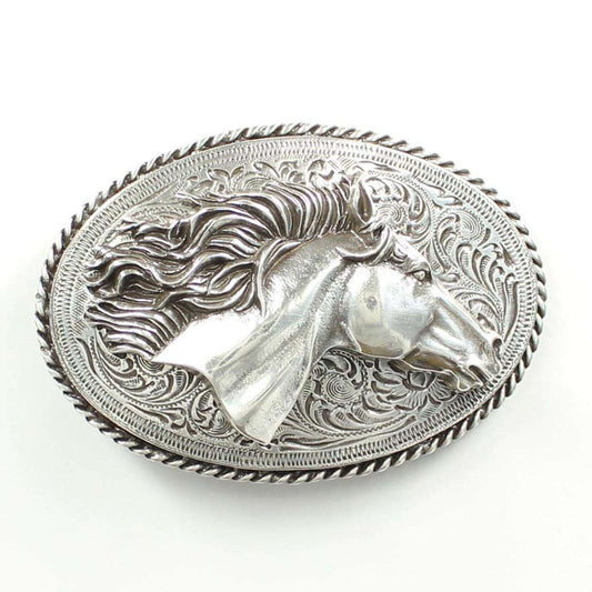 <span data-mce-fragment="1">Feel wild and free in this ladies western buckle featuring a horse head with the hair blowing in the wind on a </span><span data-mce-fragment="1">silver oval shaped buckle.. Measures: 2 5/8" X 3 ½".</span>