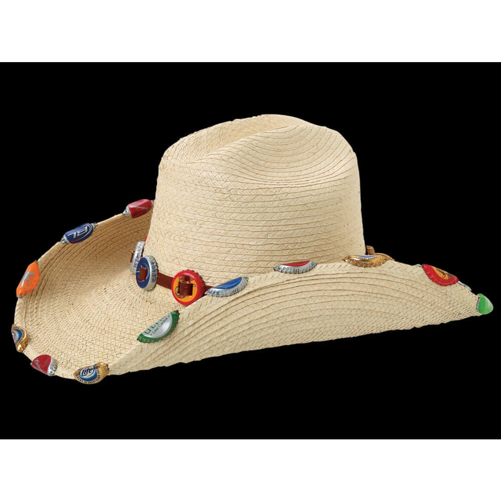 It is never last call with this party hat! Palm River economy palm. Beer Caps on brim and beer cap hatband. Brands on caps will vary. 4" brim.