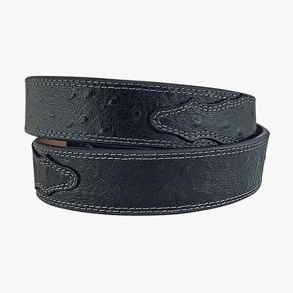 Black leather belt with embossed design on a white background
