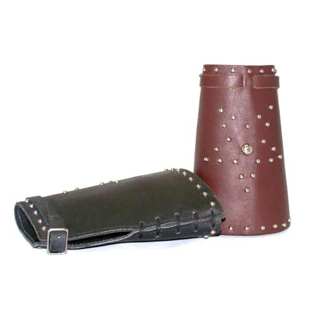 Roping cuffs, or often referred to as riding cuffs, were used by cowboys to protect their wrists from rope burns. Still used today, we offer 7" long, black and brown leather roping cuffs with an adjustable buckle and tie for an easy fit. Studded Nickle star design accents the center. Comfortable and durable they just get better with age.