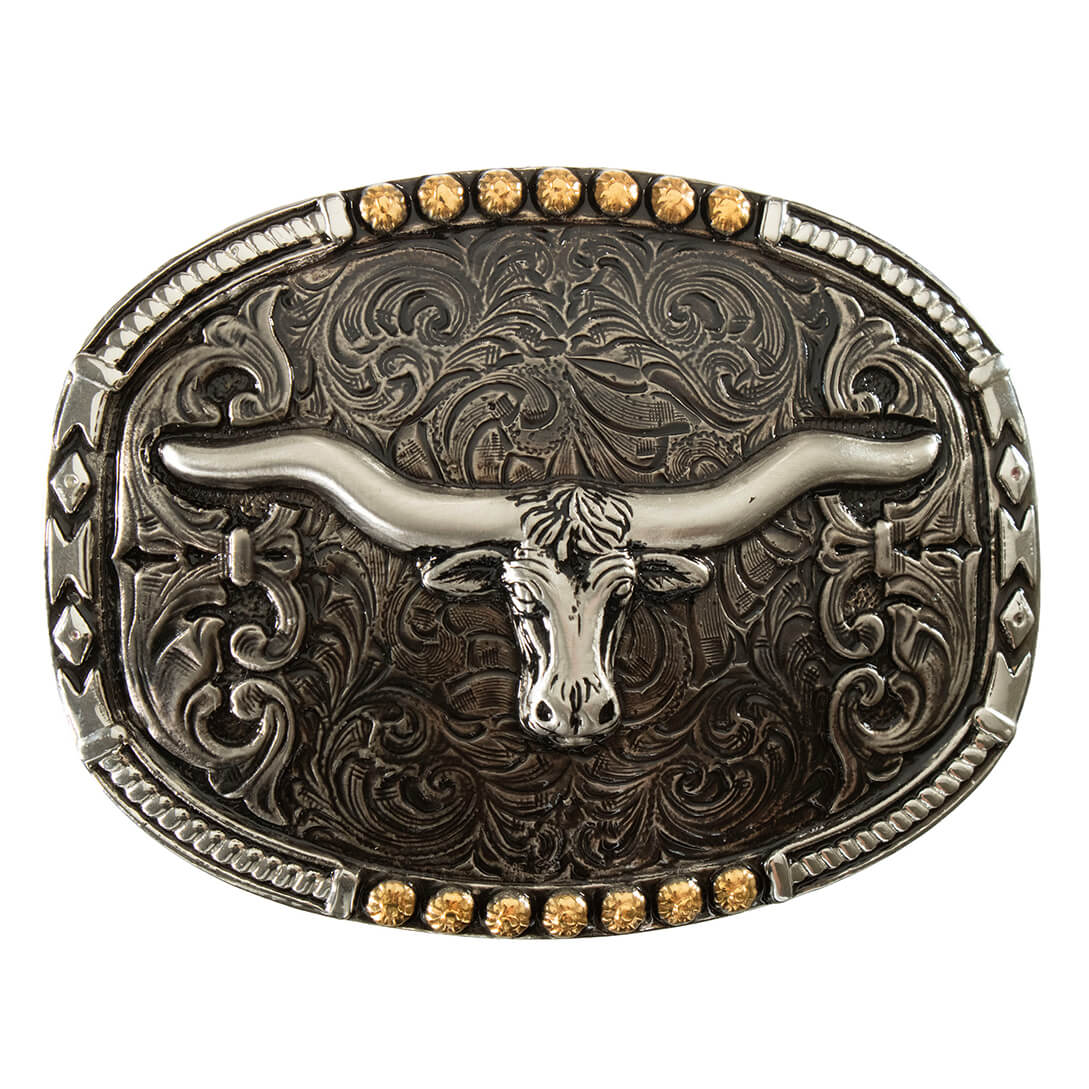A Western-style belt buckle featuring a detailed silver-toned longhorn steer motif over an intricately engraved dark silver scrollwork background, accented with small gold-toned beads along the border.
