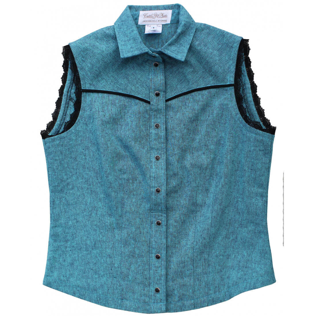 Sierra Rodeo Cowgirl Blouse in teal, sleeveless with lace trim and pearl snaps, perfect for country nights.