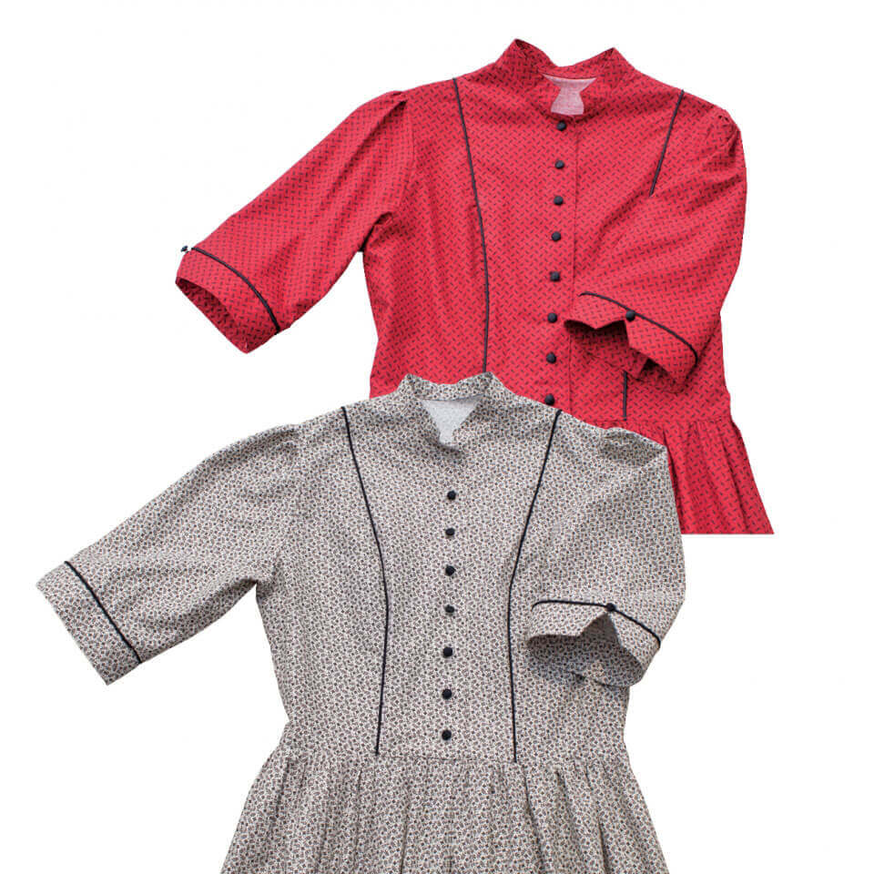 Mattie Mae Old West Saloon Dresses: red and cream with black piping, featuring fitted bodice and gathered skirt design.