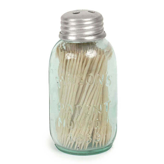 1½'' dia. and 3¾'' tall. Toothpicks are not included. This tiny jar is the perfect size for toothpicks and has three ¼ '' holes punched in the lid to dispense your toothpicks. Our Mason jars are made of green recycled glass. Measurement: 1½'' dia. x 3¾''H