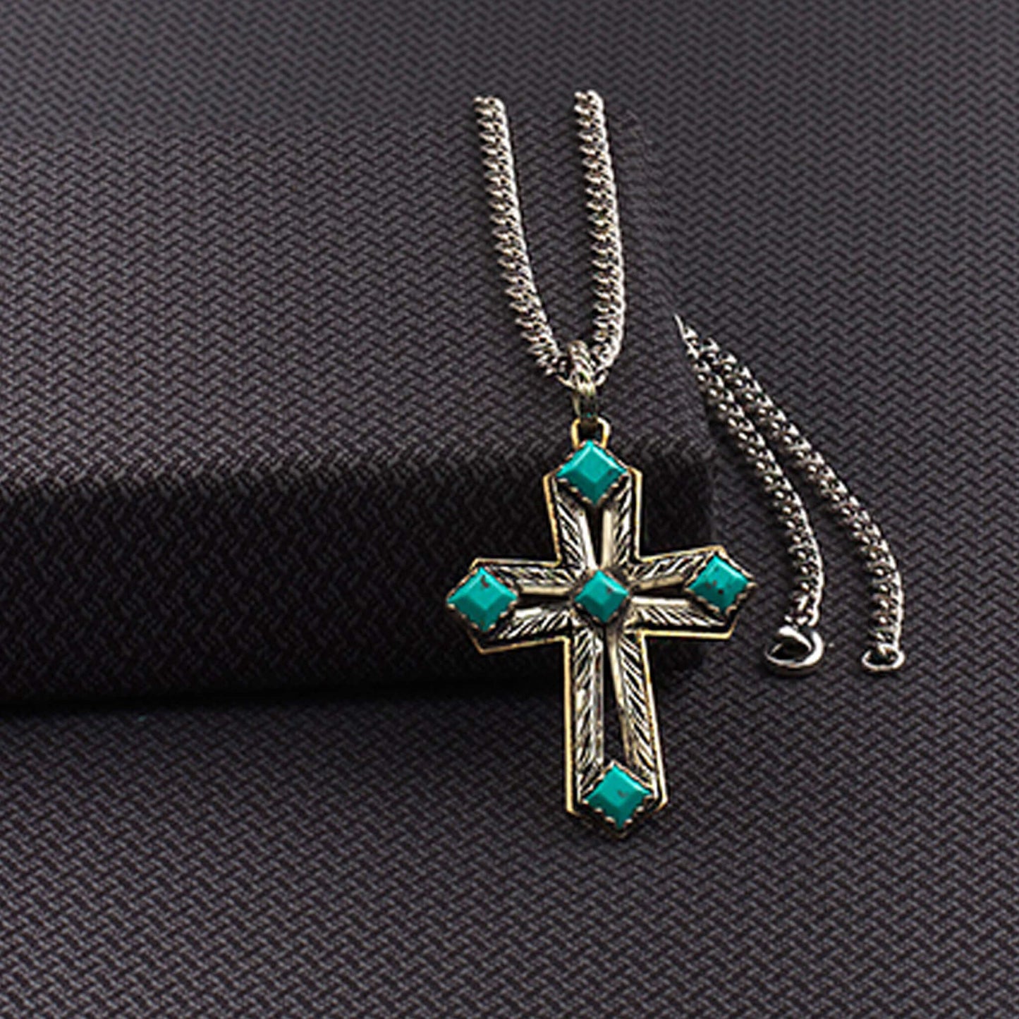 Men's Cross with Turquoise Stones Western Necklace