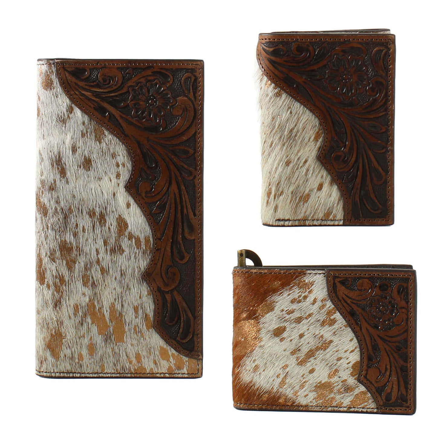 Three leather wallets with cowhide pattern and intricate designs on a white background