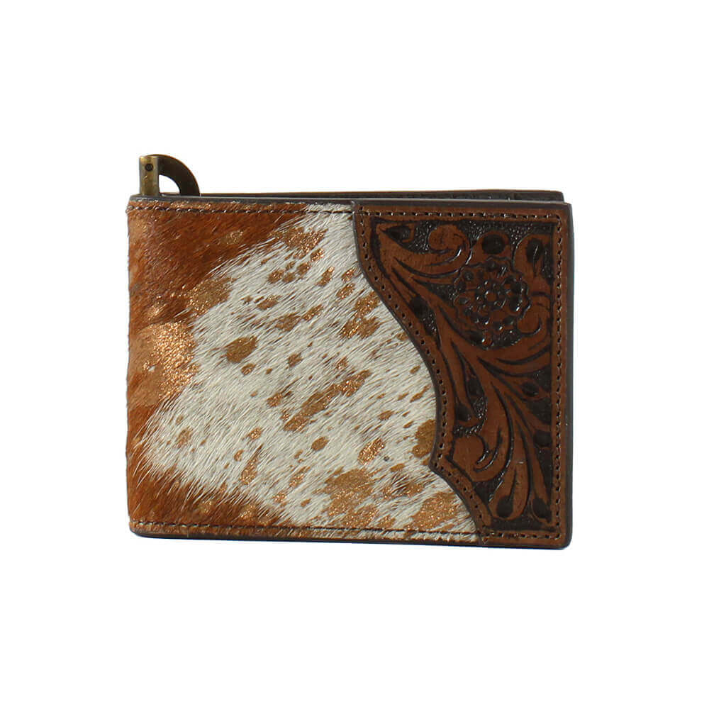Brown leather wallet with cowhide pattern on a white background