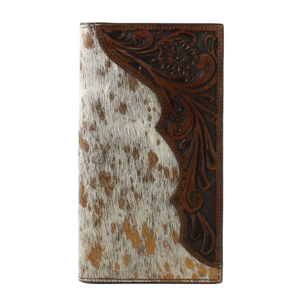 Leather wallet with cowhide pattern and intricate brown tooling on a white background