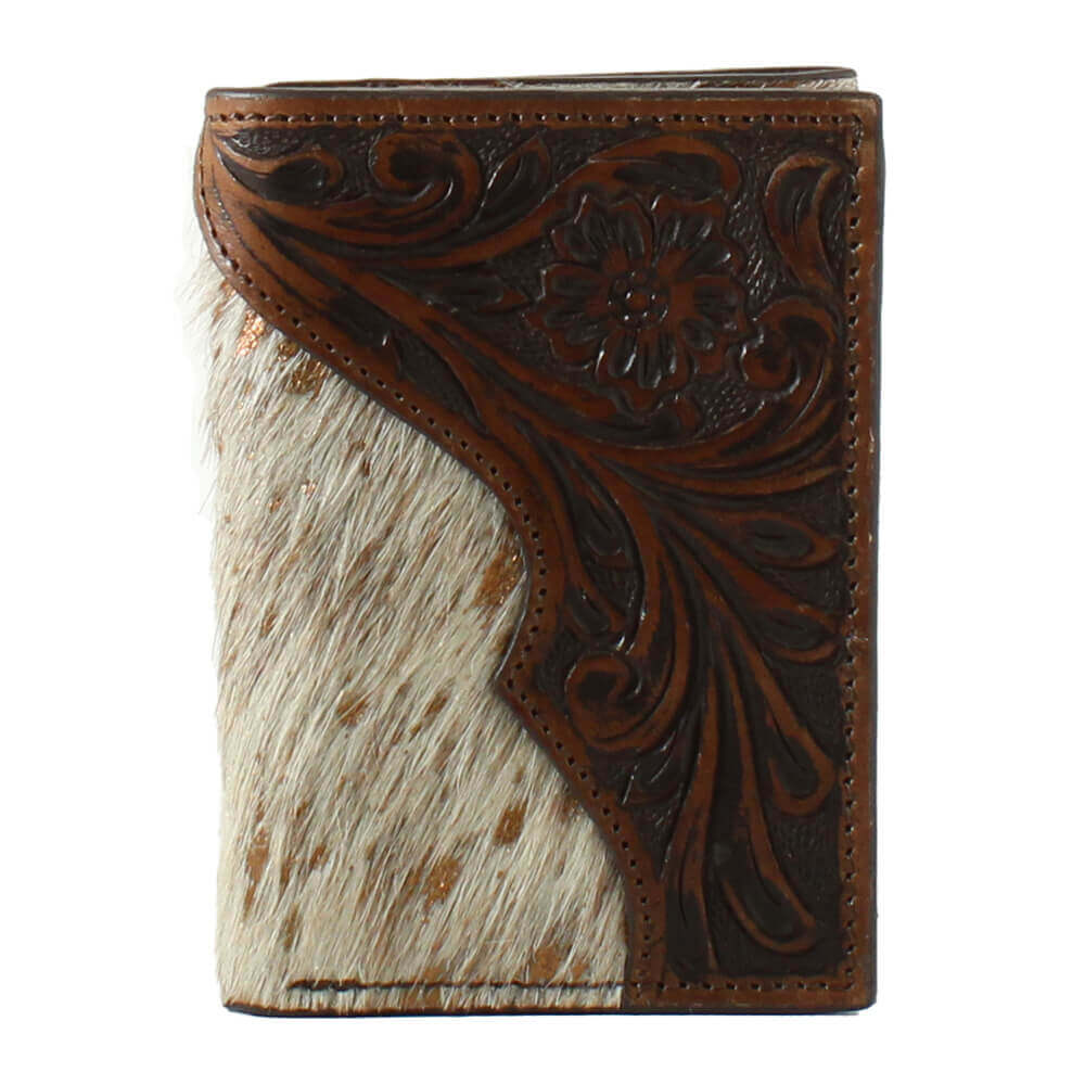 Brown leather wallet with intricate designs on a white background