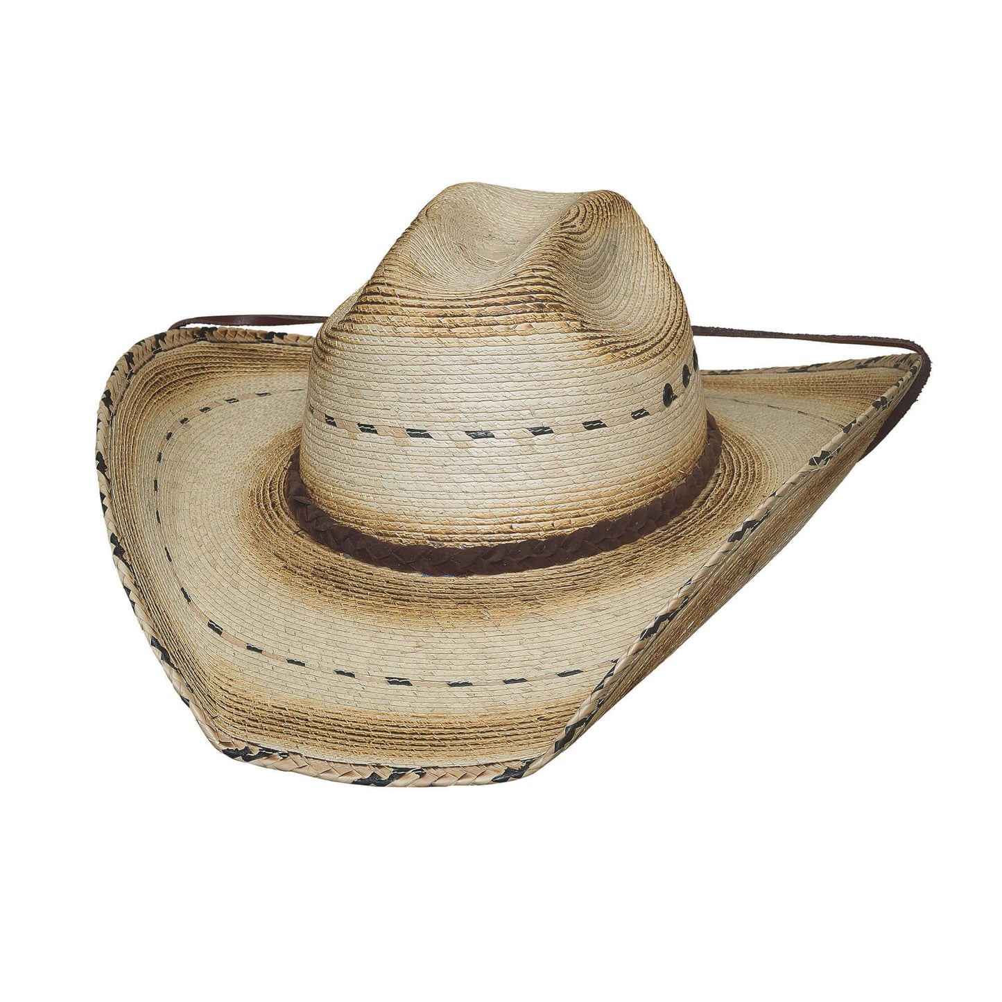 Smile! The Muggin' palm leaf hat aims to please. Made of genuine Mexican palm 15X, the Muggin' has a rugged look. The design includes stripes of contrast straw, plus a sweated and dusted appearance on the crown and brim. The woven straw brim edge has a pattern reminiscent of whip stitching.