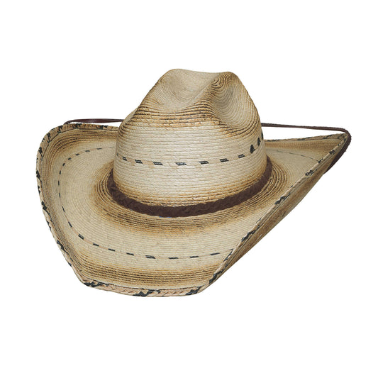 Smile! The Muggin' palm leaf hat aims to please. Made of genuine Mexican palm 15X, the Muggin' has a rugged look. The design includes stripes of contrast straw, plus a sweated and dusted appearance on the crown and brim. The woven straw brim edge has a pattern reminiscent of whip stitching.