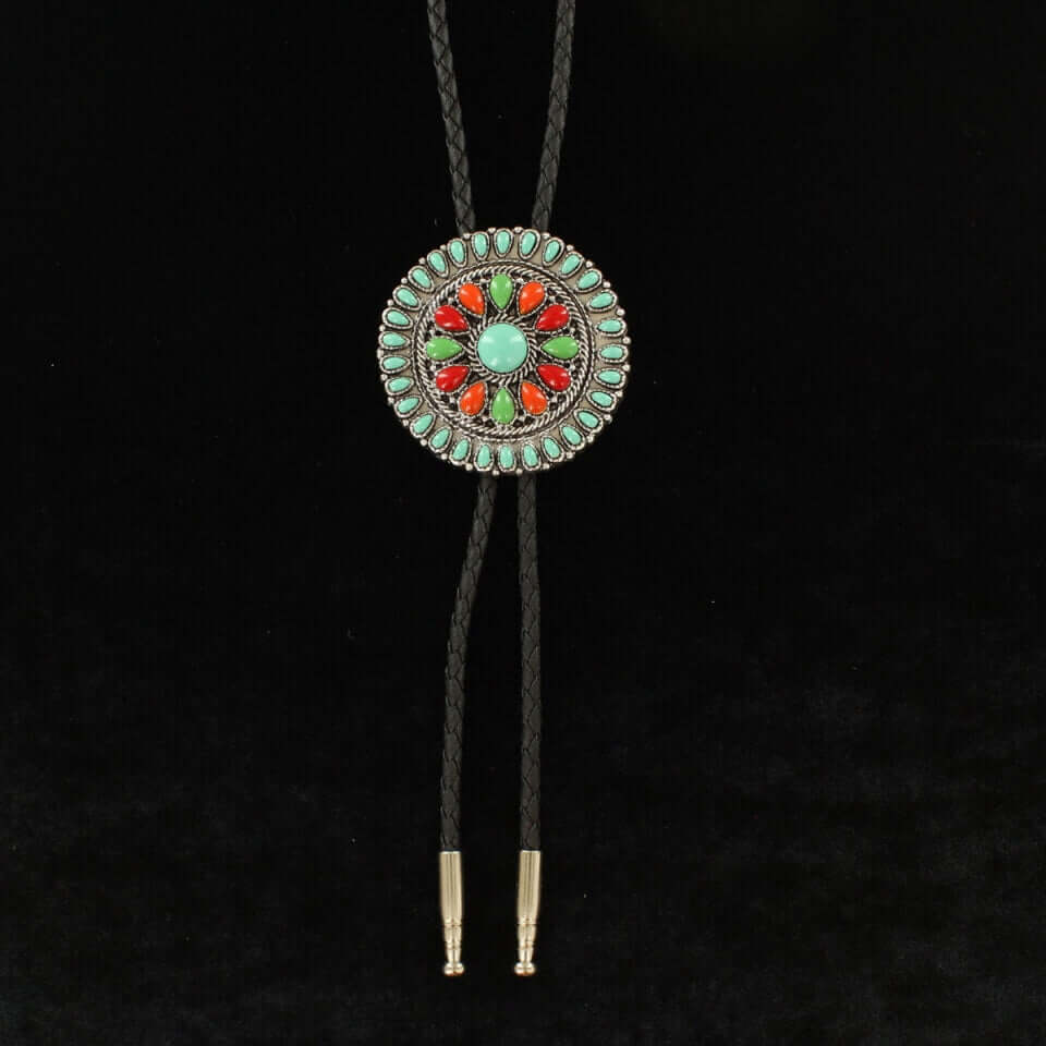 Stylish and colorful bolo tie with a large round, multicolor stone concho on a black leather cord. This bolo tie will certainly get you noticed.