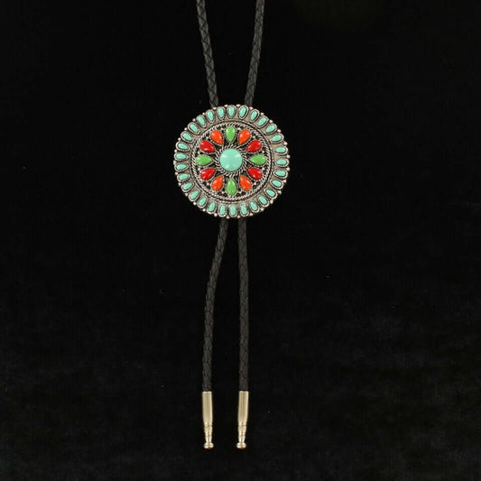 Stylish and colorful bolo tie with a large round, multicolor stone concho on a black leather cord. This bolo tie will certainly get you noticed.