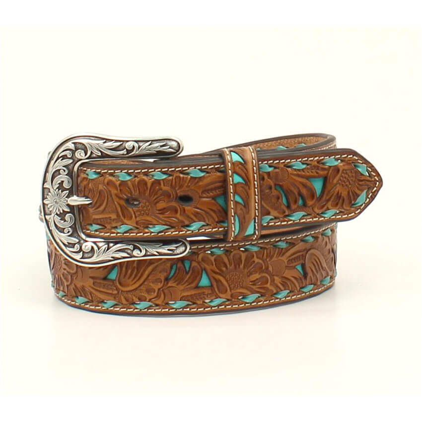 Here's a beautiful western ladies belt. It features a pierced tan leather strap with turquoise underlay, turquoise buckstitch laced edges and contrast stitching. This belt has a rounded antiqued style silver buckle. Imported. 